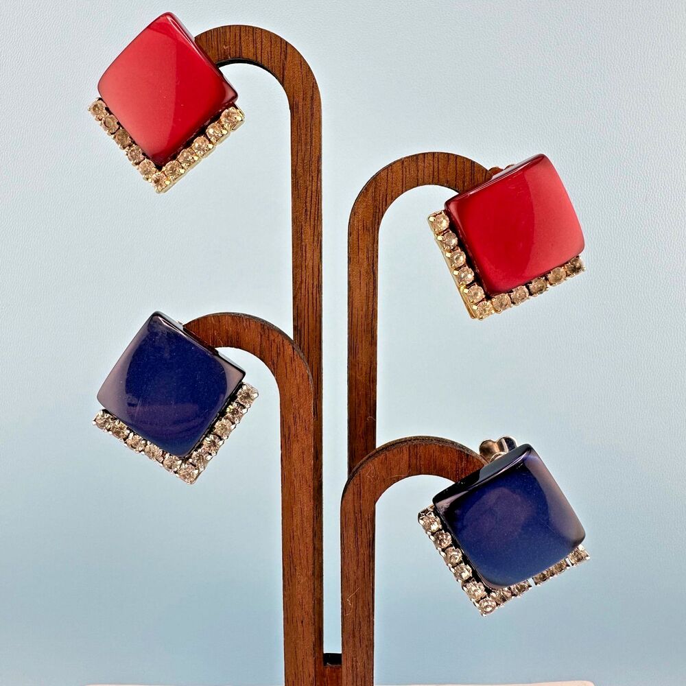 Vintage Coro Art Deco Earrings Lot Blue Red Thermoset Rhinestone Clip On Signed